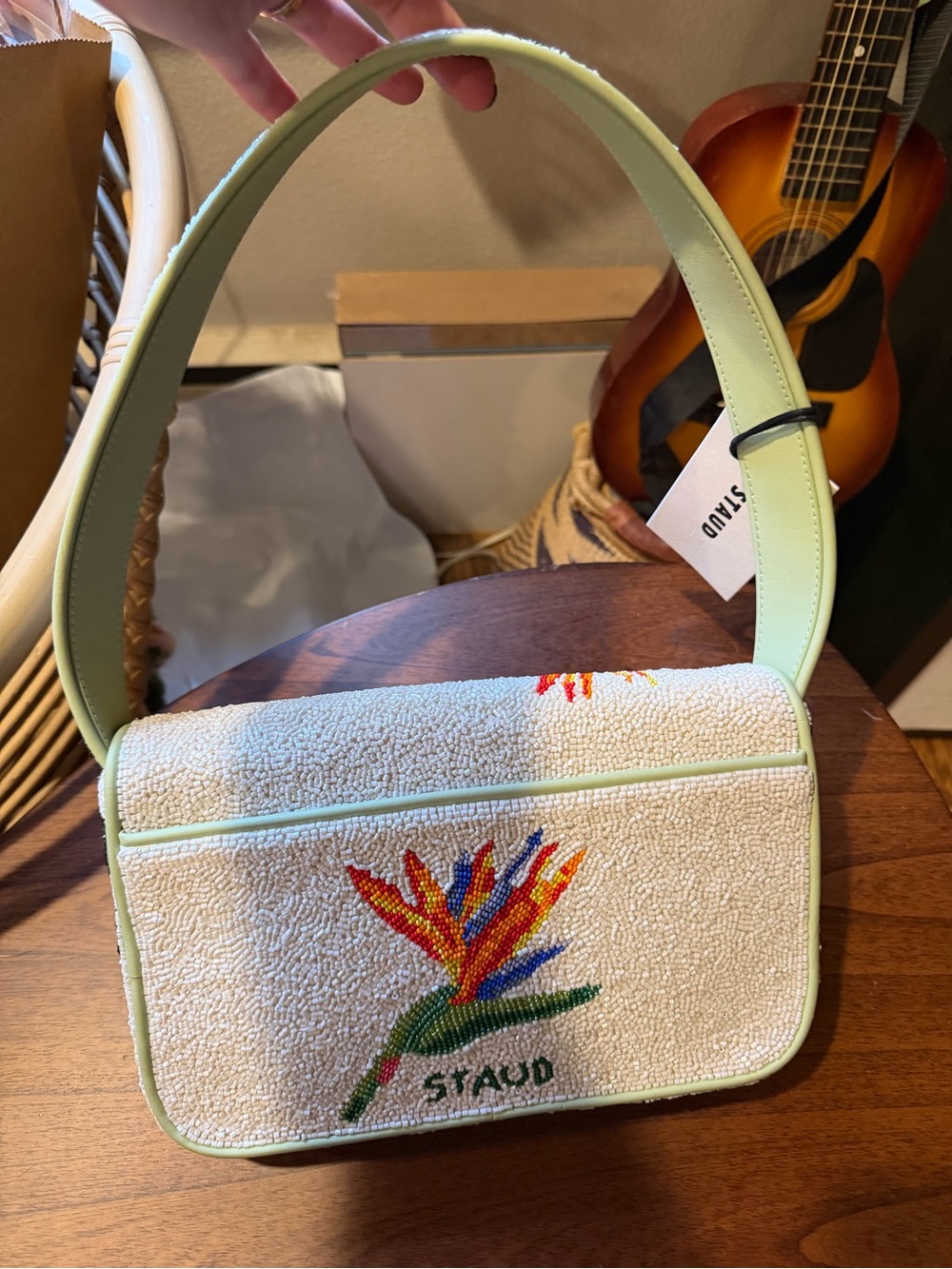 STAUD Beaded Tropical Floral Shoulder Bag in Light Green - Picture 2 of 10